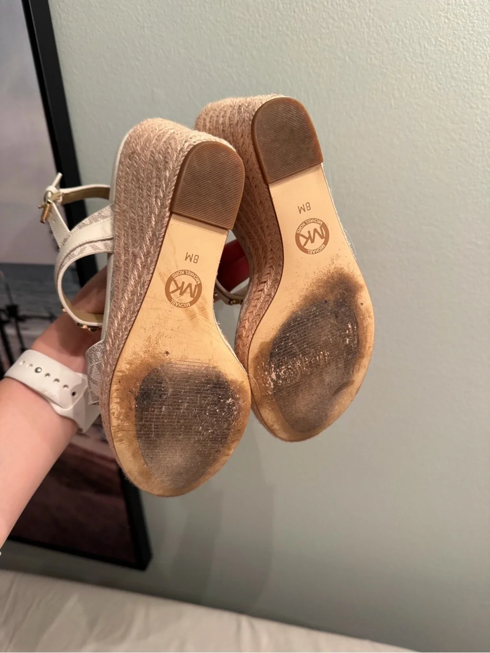 Michael Kors Beige and White Logo Espadrille Wedge Sandals